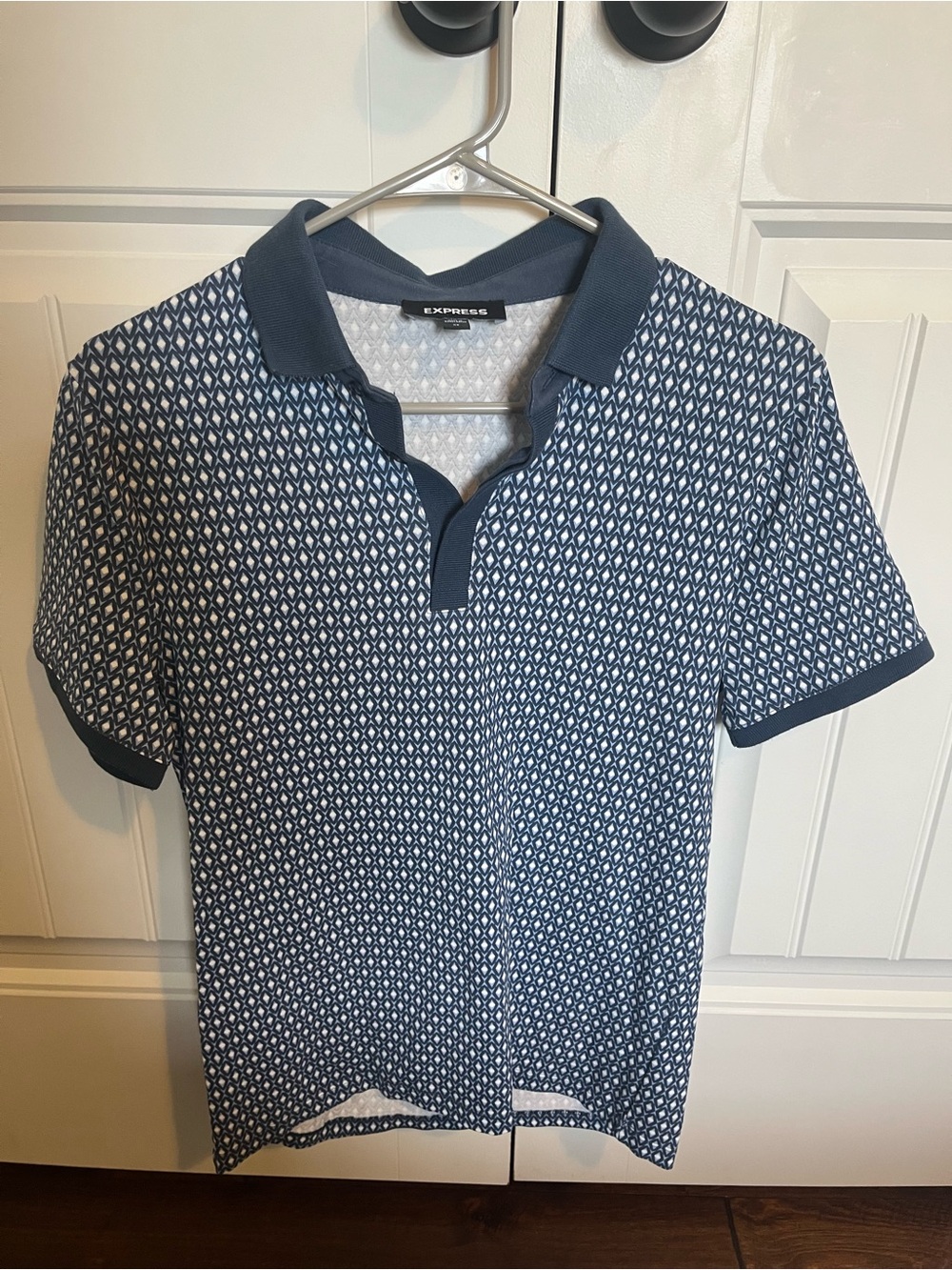 Express Navy and White Geometric Polo